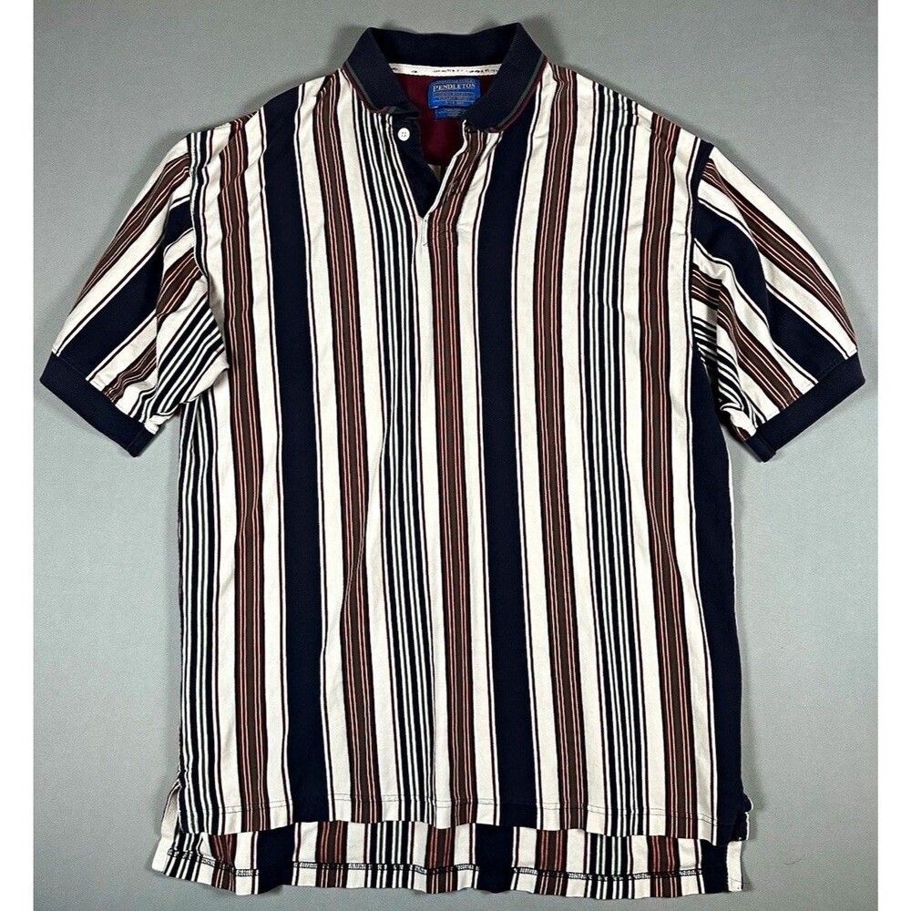 Pendleton Polo Shirt Mens L Striped Cotton Navy Burgundy Hong Kong RN 239685